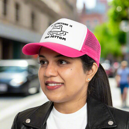 Rockbottom Trucker Cap with a vintage-style snapback design and breathable mesh back. This adjustable retro hat offers a trendy, classic look, perfect for everyday wear. Ideal for men seeking a stylish and comfortable snapback, it adds a touch of vintage flair to any casual outfit.