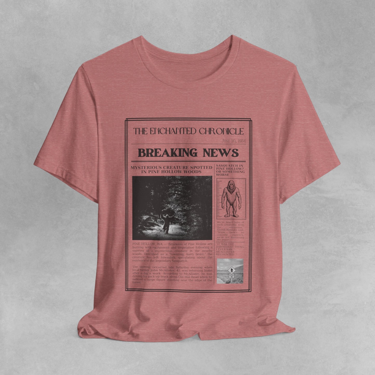 Sasquatch Bigfoot T Shirt - Vintage Style Newspaper Design American Cryptid Graphic Tee for Men Women Unique Mythical Creature, Weird shirt