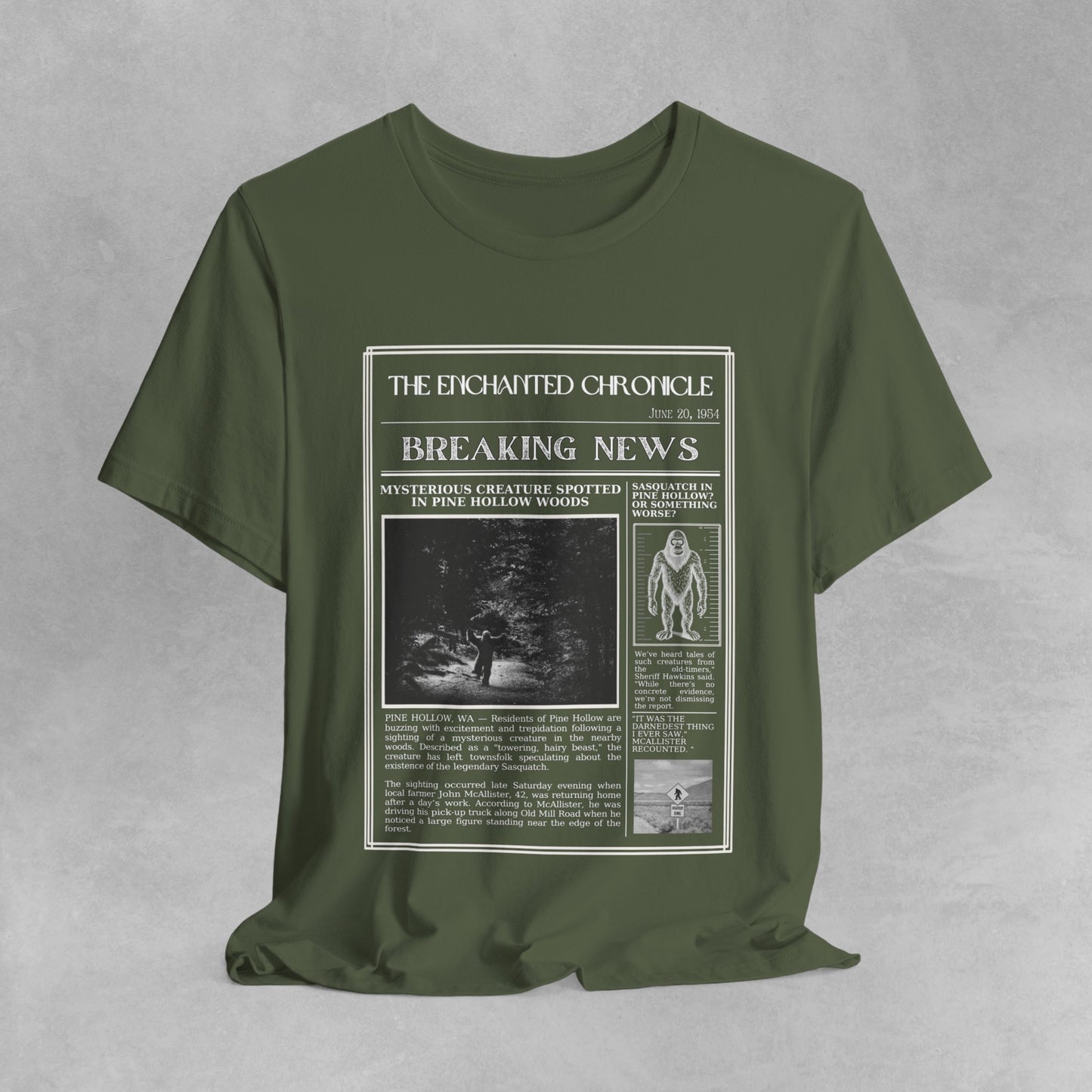 Sasquatch Bigfoot T Shirt - Vintage Style Newspaper Design American Cryptid Graphic Tee for Men Women Unique Mythical Creature, Weird shirt