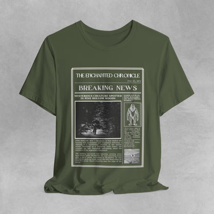 Sasquatch Bigfoot T Shirt - Vintage Style Newspaper Design American Cryptid Graphic Tee for Men Women Unique Mythical Creature, Weird shirt