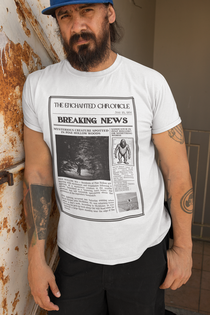 Sasquatch Bigfoot T Shirt - Vintage Style Newspaper Design American Cryptid Graphic Tee for Men Women Unique Mythical Creature, Weird shirt