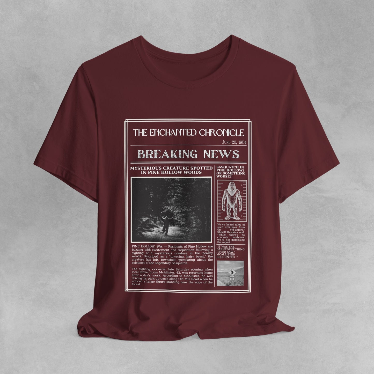 Sasquatch Bigfoot T Shirt - Vintage Style Newspaper Design American Cryptid Graphic Tee for Men Women Unique Mythical Creature, Weird shirt