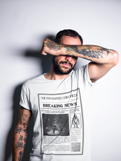 Sasquatch Bigfoot T Shirt - Vintage Style Newspaper Design American Cryptid Graphic Tee for Men Women Unique Mythical Creature, Weird shirt