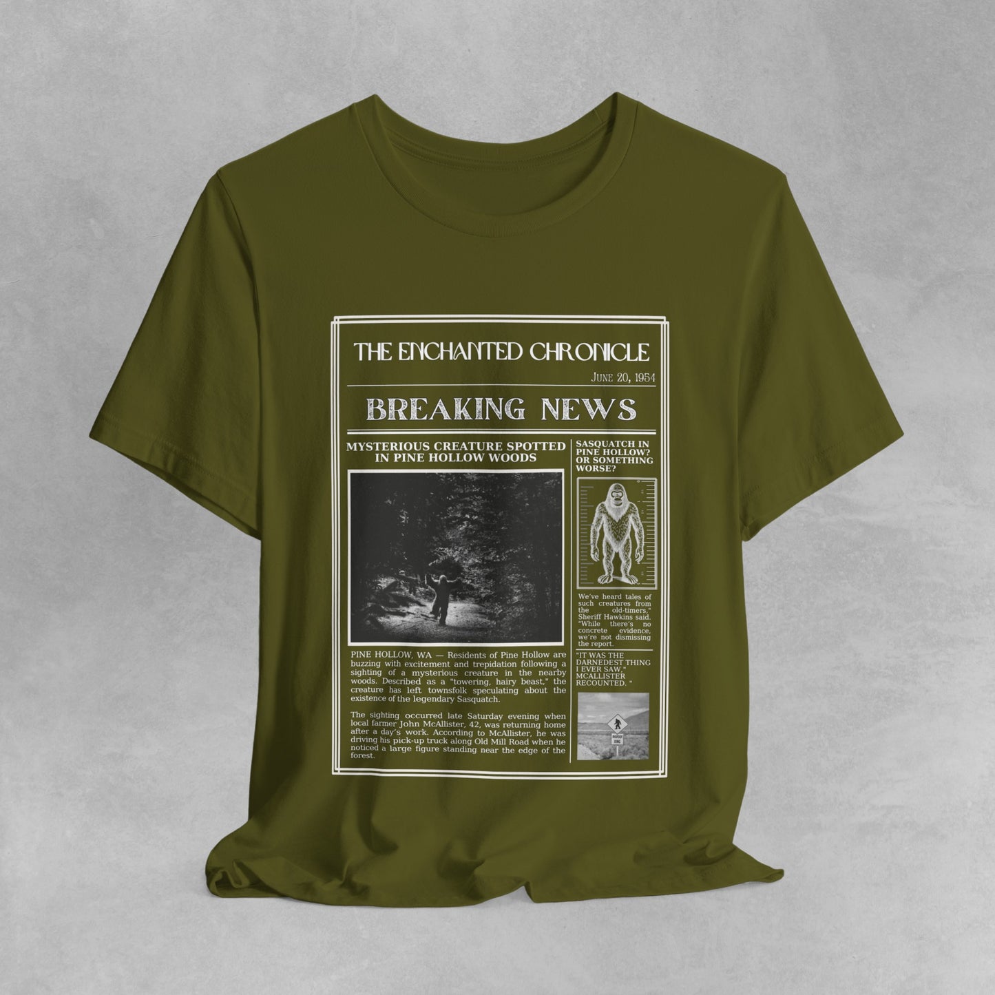 Sasquatch Bigfoot T Shirt - Vintage Style Newspaper Design American Cryptid Graphic Tee for Men Women Unique Mythical Creature, Weird shirt
