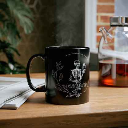 Trendy Skeleton Mug featuring a love quote with a gothic aesthetic. Perfect for coffee lovers who enjoy a spooky or whimsigoth vibe, this skeleton coffee mug makes a great gift for Halloween or year-round use. Add a touch of dark charm to your coffee routine with this unique and stylish mug.