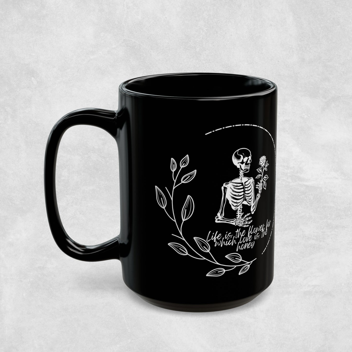 Trendy Skeleton Mug featuring a love quote with a gothic aesthetic. Perfect for coffee lovers who enjoy a spooky or whimsigoth vibe, this skeleton coffee mug makes a great gift for Halloween or year-round use. Add a touch of dark charm to your coffee routine with this unique and stylish mug.