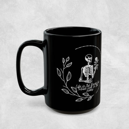 Trendy Skeleton Mug featuring a love quote with a gothic aesthetic. Perfect for coffee lovers who enjoy a spooky or whimsigoth vibe, this skeleton coffee mug makes a great gift for Halloween or year-round use. Add a touch of dark charm to your coffee routine with this unique and stylish mug.
