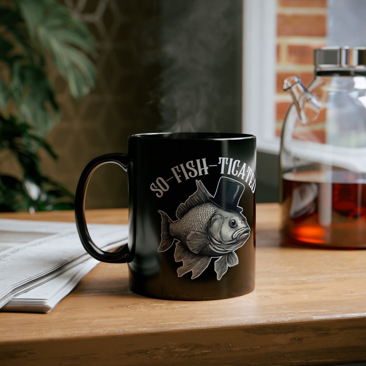 So-Fish-ticated Pun Fish Mug, a funny fishing-themed coffee cup perfect for anglers and fishing enthusiasts. This humor-filled mug makes a great gift for fishermen, husbands, or anyone who enjoys a good laugh. Ideal for adding a touch of fun to your morning coffee with its witty meme design.