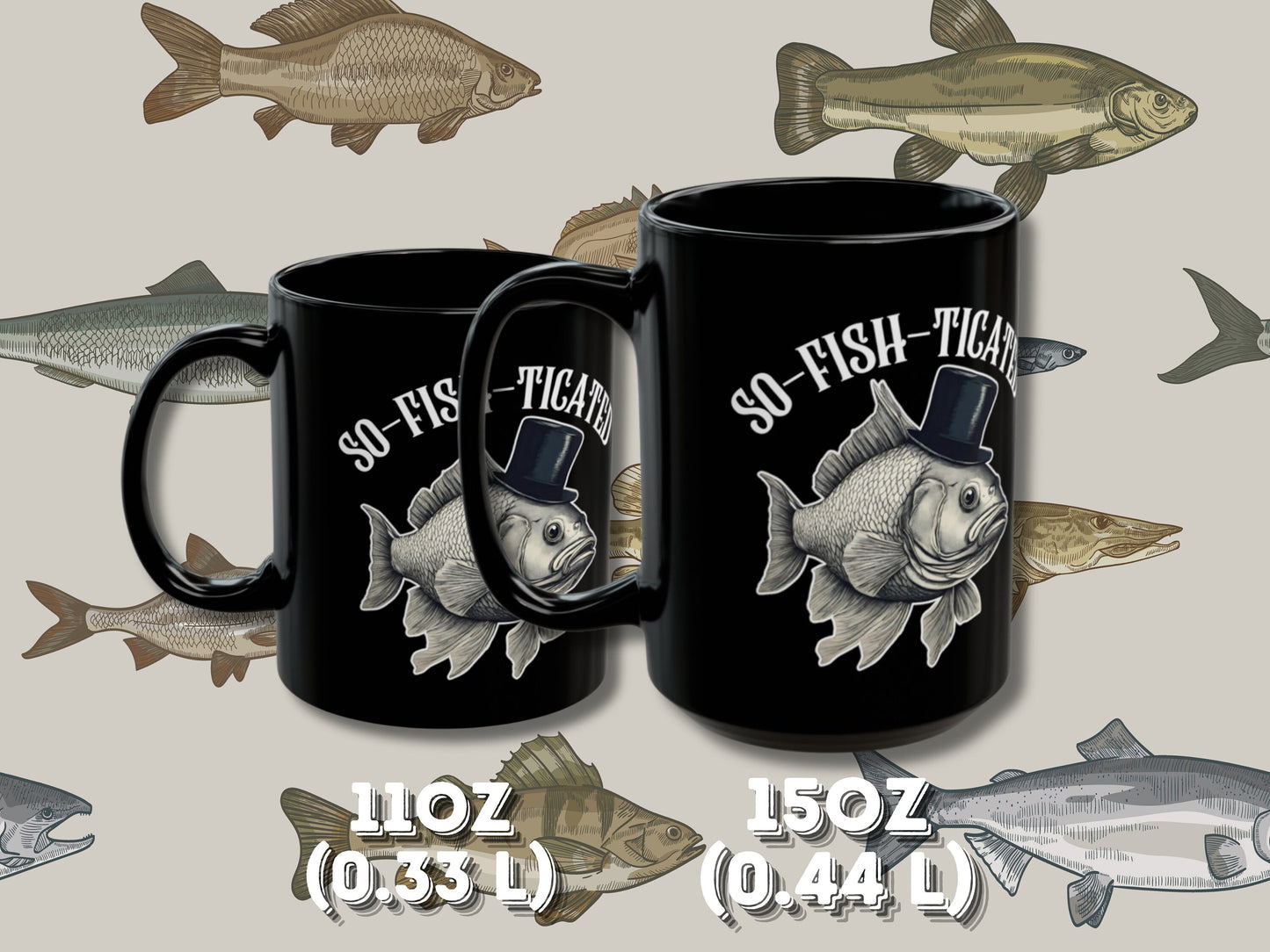 So-Fish-ticated Pun Fish Mug, a funny fishing-themed coffee cup perfect for anglers and fishing enthusiasts. This humor-filled mug makes a great gift for fishermen, husbands, or anyone who enjoys a good laugh. Ideal for adding a touch of fun to your morning coffee with its witty meme design.