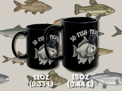 So-Fish-ticated Pun Fish Mug, a funny fishing-themed coffee cup perfect for anglers and fishing enthusiasts. This humor-filled mug makes a great gift for fishermen, husbands, or anyone who enjoys a good laugh. Ideal for adding a touch of fun to your morning coffee with its witty meme design.