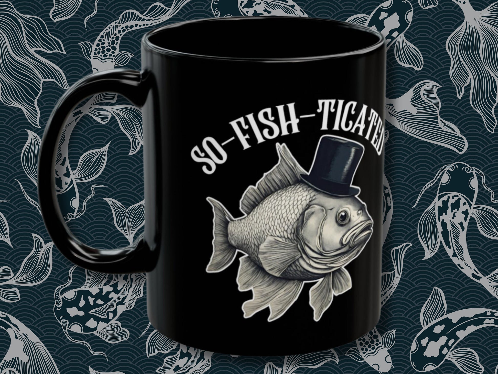 So-Fish-ticated Pun Fish Mug, a funny fishing-themed coffee cup perfect for anglers and fishing enthusiasts. This humor-filled mug makes a great gift for fishermen, husbands, or anyone who enjoys a good laugh. Ideal for adding a touch of fun to your morning coffee with its witty meme design.