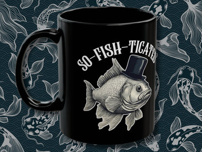 So-Fish-ticated Pun Fish Mug, a funny fishing-themed coffee cup perfect for anglers and fishing enthusiasts. This humor-filled mug makes a great gift for fishermen, husbands, or anyone who enjoys a good laugh. Ideal for adding a touch of fun to your morning coffee with its witty meme design.
