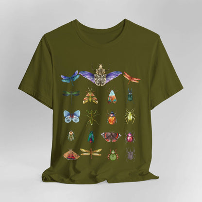 Bugs Entomology Insects T-shirt Bug Lover T-Shirt - Soft Cotton with Unique Insect Design "Cool Watercolour Bug and Beetle Shirt featuring an entomology-inspired insect design, perfect for bug lovers and nature enthusiasts. Made from soft, breathable 100% Airlume cotton, this unisex t-shirt is ideal for hiking, camping, and wildlife watching. Eco-friendly production by Bella+Canvas, with durable ribbed collars and a tear-away label for maximum comfort.