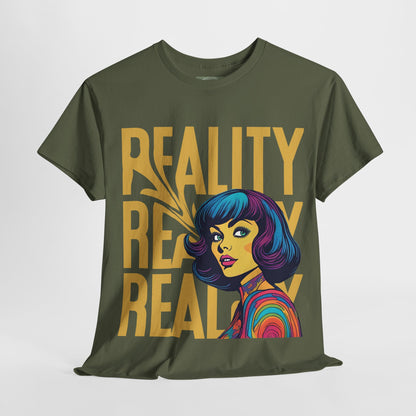 Reality Retro Style Psychedelic T-Shirt featuring a vibrant 60s-inspired design, made from 100% heavy cotton for ultimate comfort. This unisex t-shirt offers a classic fit with no side seams, ensuring a smooth wear without irritation. Perfect for retro fashion lovers, this unique tee combines style and sustainability, ethically produced from US cotton