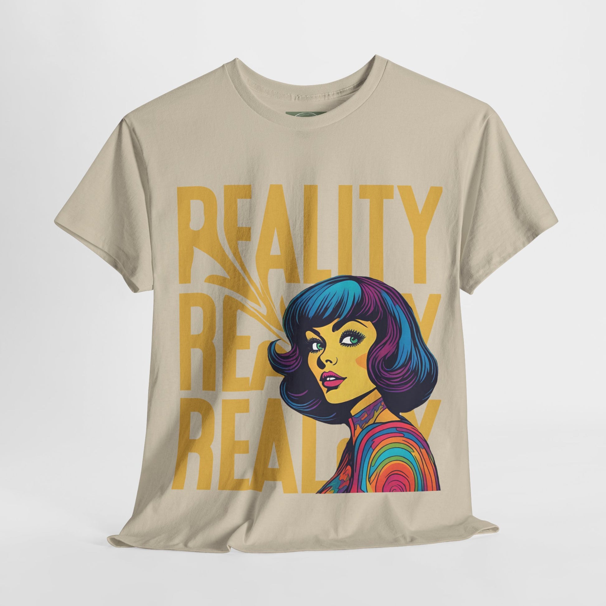 Reality Retro Style Psychedelic T-Shirt featuring a vibrant 60s-inspired design, made from 100% heavy cotton for ultimate comfort. This unisex t-shirt offers a classic fit with no side seams, ensuring a smooth wear without irritation. Perfect for retro fashion lovers, this unique tee combines style and sustainability, ethically produced from US cotton