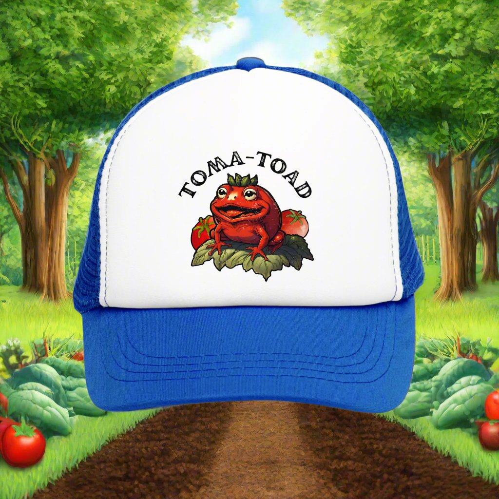 Vintage-style adjustable trucker cap with a mesh back, featuring a retro design inspired by Toma-toad. The hat has a snapback closure for a customizable fit and a trendy, worn-in look. Ideal for men who appreciate classic trucker caps with a vintage aesthetic.