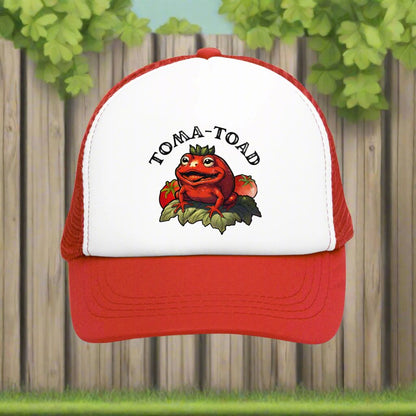 Vintage-style adjustable trucker cap with a mesh back, featuring a retro design inspired by Toma-toad. The hat has a snapback closure for a customizable fit and a trendy, worn-in look. Ideal for men who appreciate classic trucker caps with a vintage aesthetic.