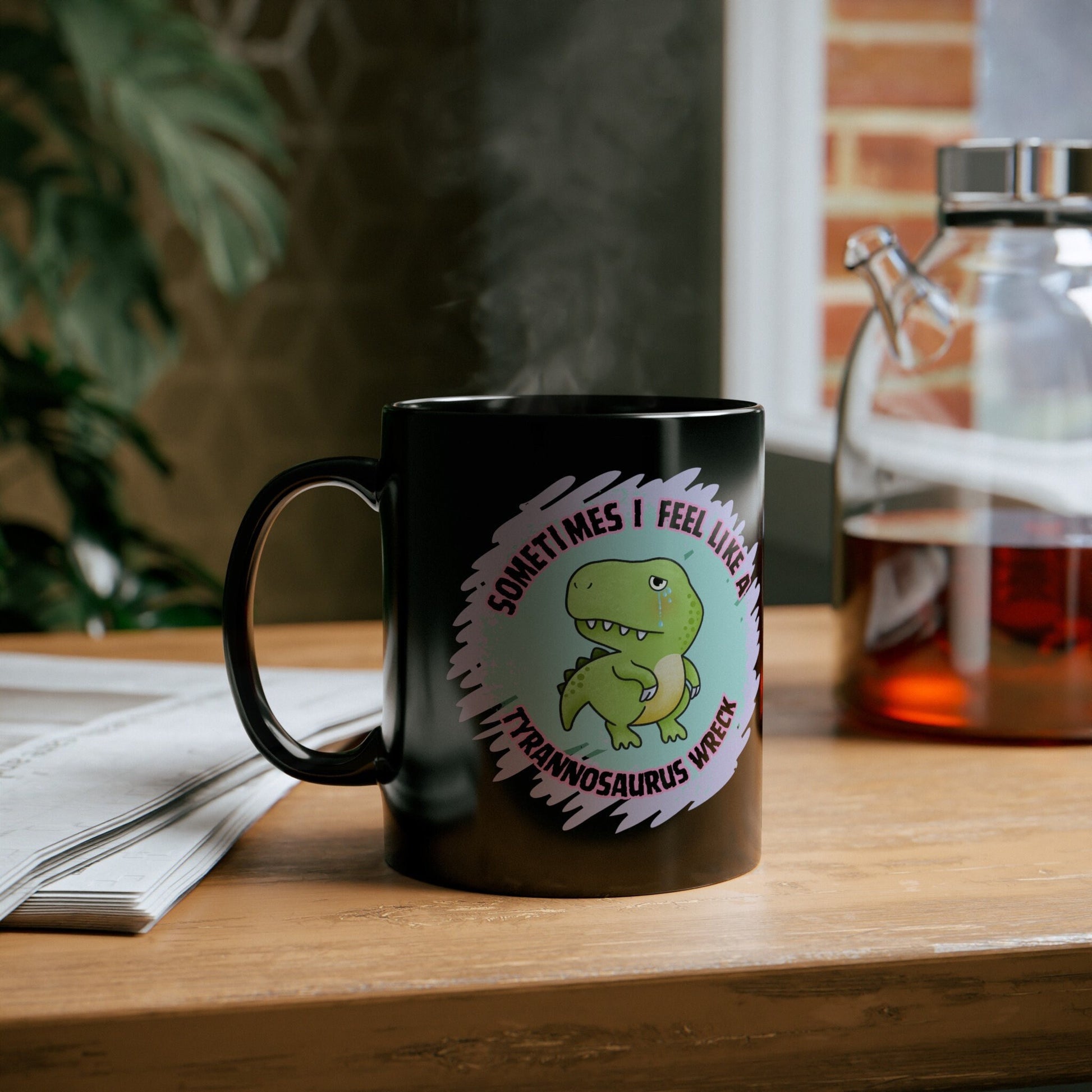 Tyrannosaurus Wreck Black Mug featuring a cute and funny dino design. This meme-inspired coffee mug is perfect for adding humor to your morning routine. A great sarcastic gift idea for dinosaur lovers, it’s ideal for anyone who enjoys a touch of whimsy with their coffee or tea.
