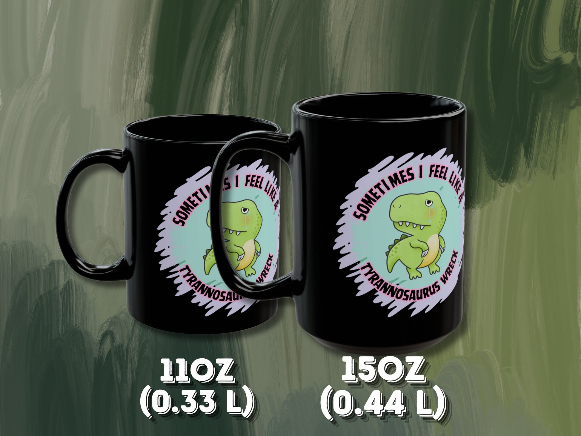 Tyrannosaurus Wreck Black Mug featuring a cute and funny dino design. This meme-inspired coffee mug is perfect for adding humor to your morning routine. A great sarcastic gift idea for dinosaur lovers, it’s ideal for anyone who enjoys a touch of whimsy with their coffee or tea.