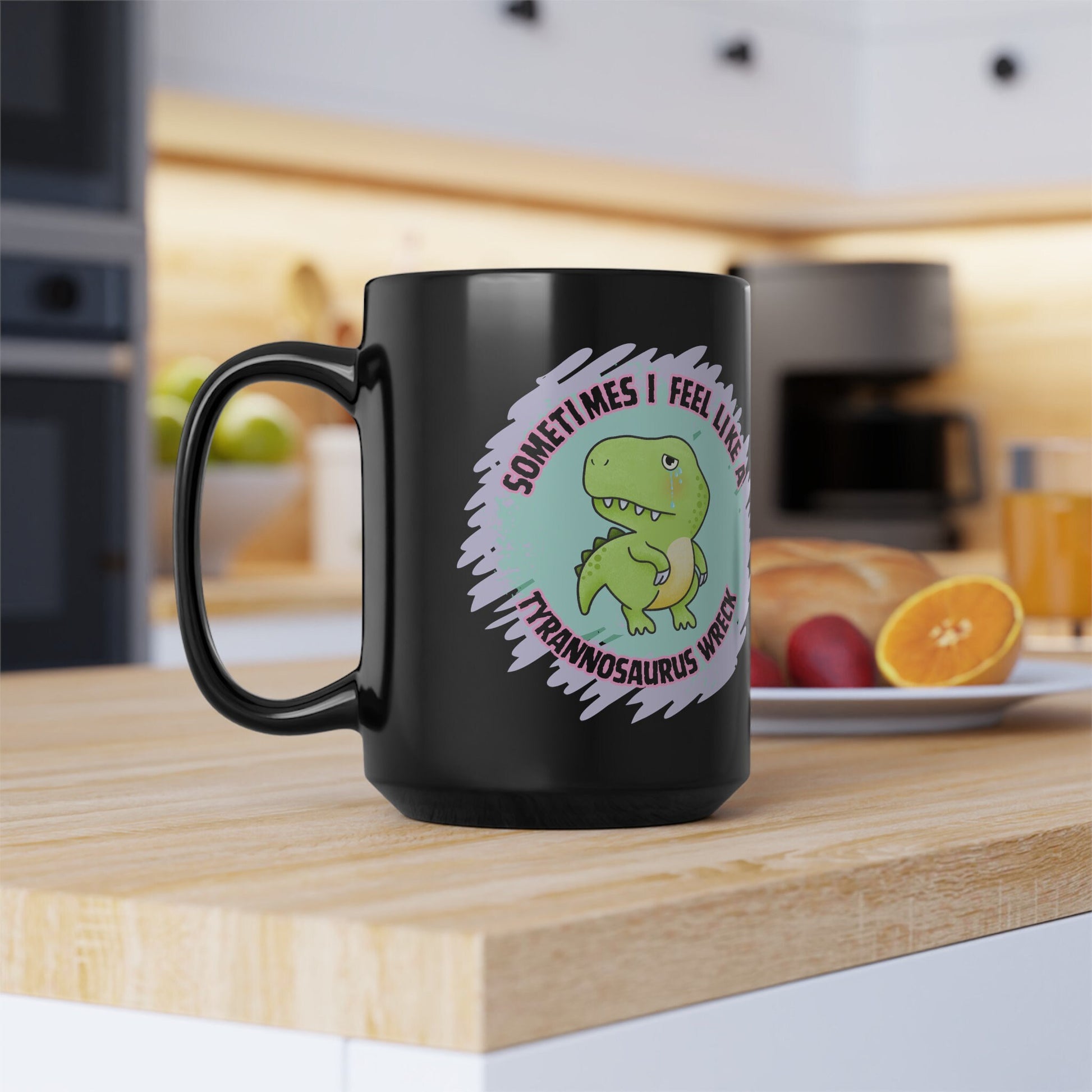 Tyrannosaurus Wreck Black Mug featuring a cute and funny dino design. This meme-inspired coffee mug is perfect for adding humor to your morning routine. A great sarcastic gift idea for dinosaur lovers, it’s ideal for anyone who enjoys a touch of whimsy with their coffee or tea.