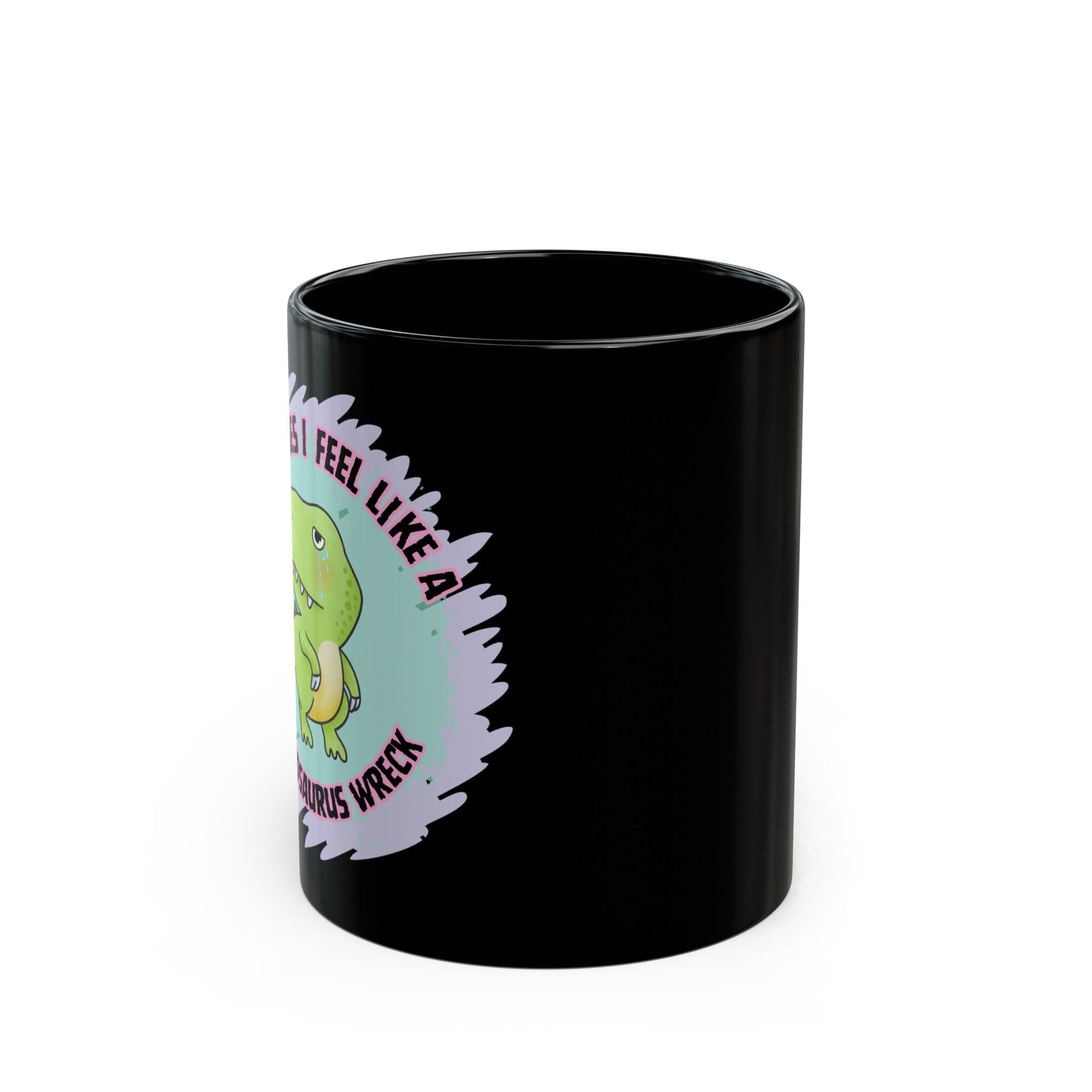 Tyrannosaurus Wreck Black Mug featuring a cute and funny dino design. This meme-inspired coffee mug is perfect for adding humor to your morning routine. A great sarcastic gift idea for dinosaur lovers, it’s ideal for anyone who enjoys a touch of whimsy with their coffee or tea.