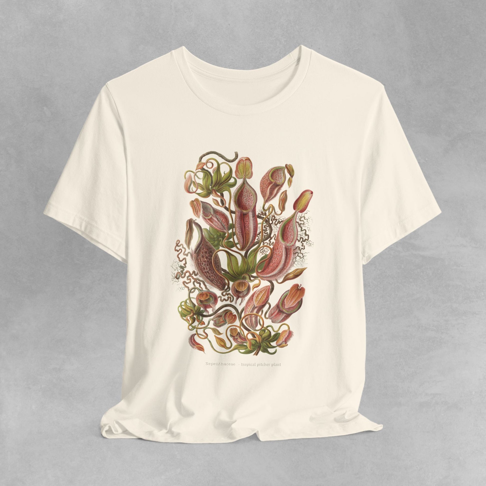 Vintage Nepenthes T-Shirt featuring a detailed botanical illustration of carnivorous plants, perfect for plant enthusiasts and lovers of unique, eco-friendly fashion