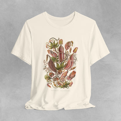 Vintage Nepenthes T-Shirt featuring a detailed botanical illustration of carnivorous plants, perfect for plant enthusiasts and lovers of unique, eco-friendly fashion