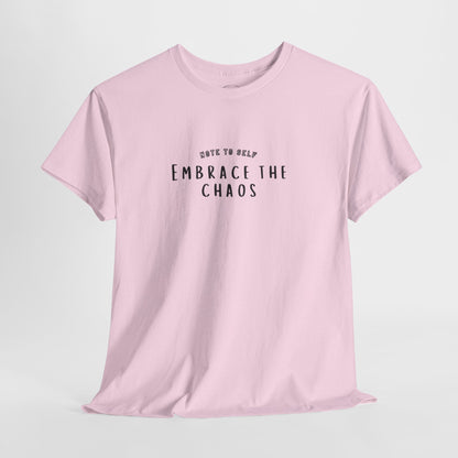 Embrace the Chaos cotton t-shirt featuring a minimalist graphic design, crafted from 100% medium-weight cotton for comfort and durability. This unisex classic fit tee is perfect for casual wear and adds a humorous touch to any outfit. Ethically produced and eco-friendly, this stylish t-shirt is ideal for those who appreciate quality and sustainability