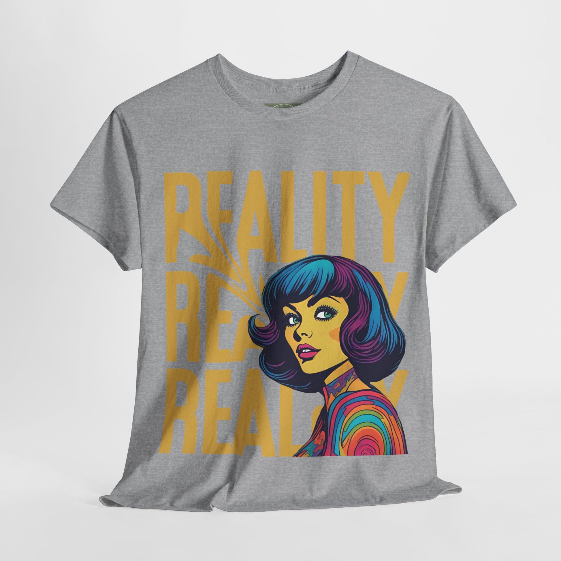 Reality Retro Style Psychedelic T-Shirt featuring a vibrant 60s-inspired design, made from 100% heavy cotton for ultimate comfort. This unisex t-shirt offers a classic fit with no side seams, ensuring a smooth wear without irritation. Perfect for retro fashion lovers, this unique tee combines style and sustainability, ethically produced from US cotton