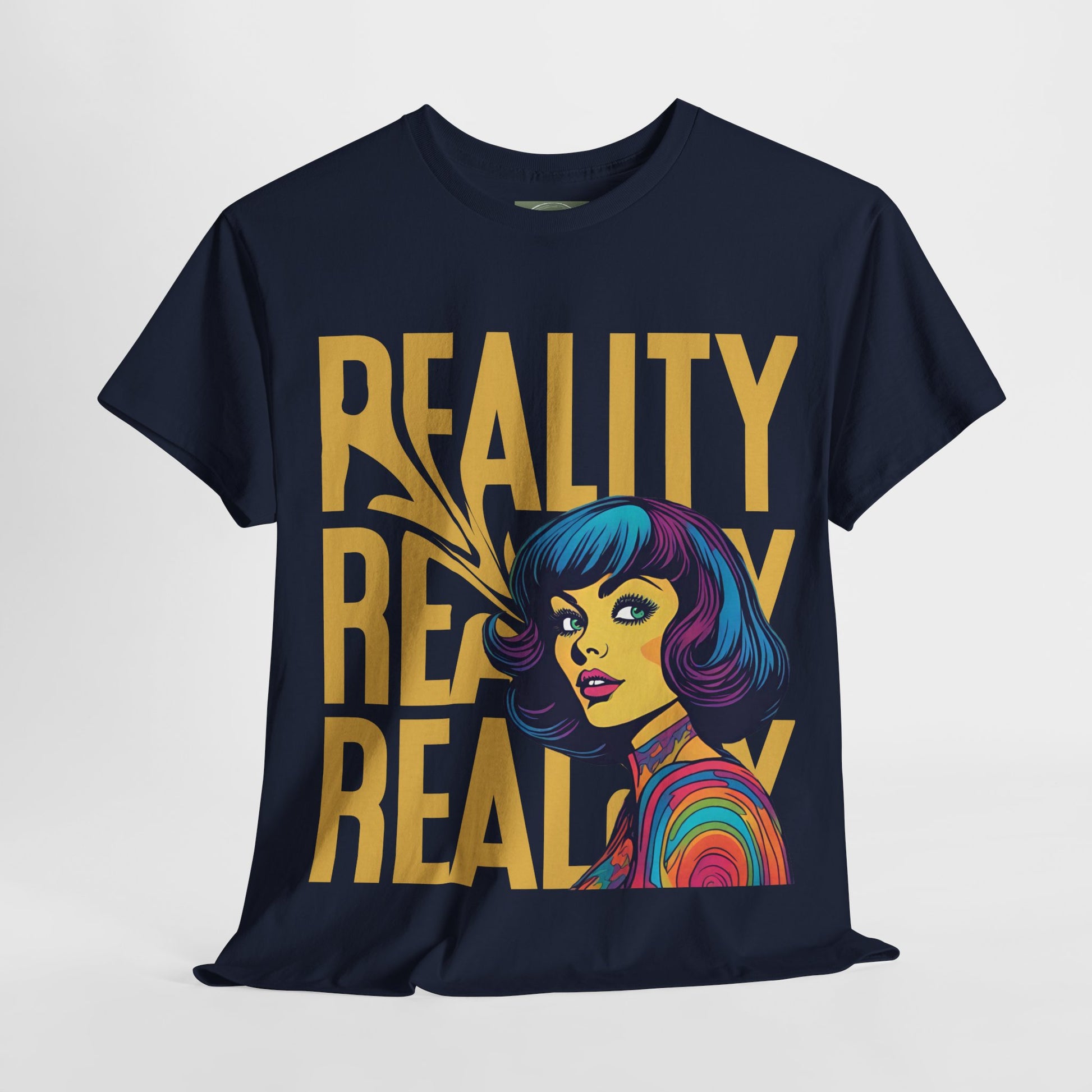 Reality Retro Style Psychedelic T-Shirt featuring a vibrant 60s-inspired design, made from 100% heavy cotton for ultimate comfort. This unisex t-shirt offers a classic fit with no side seams, ensuring a smooth wear without irritation. Perfect for retro fashion lovers, this unique tee combines style and sustainability, ethically produced from US cotton