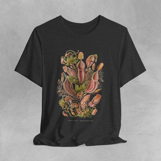 Vintage Nepenthes T-Shirt featuring a detailed botanical illustration of carnivorous plants, perfect for plant enthusiasts and lovers of unique, eco-friendly fashion