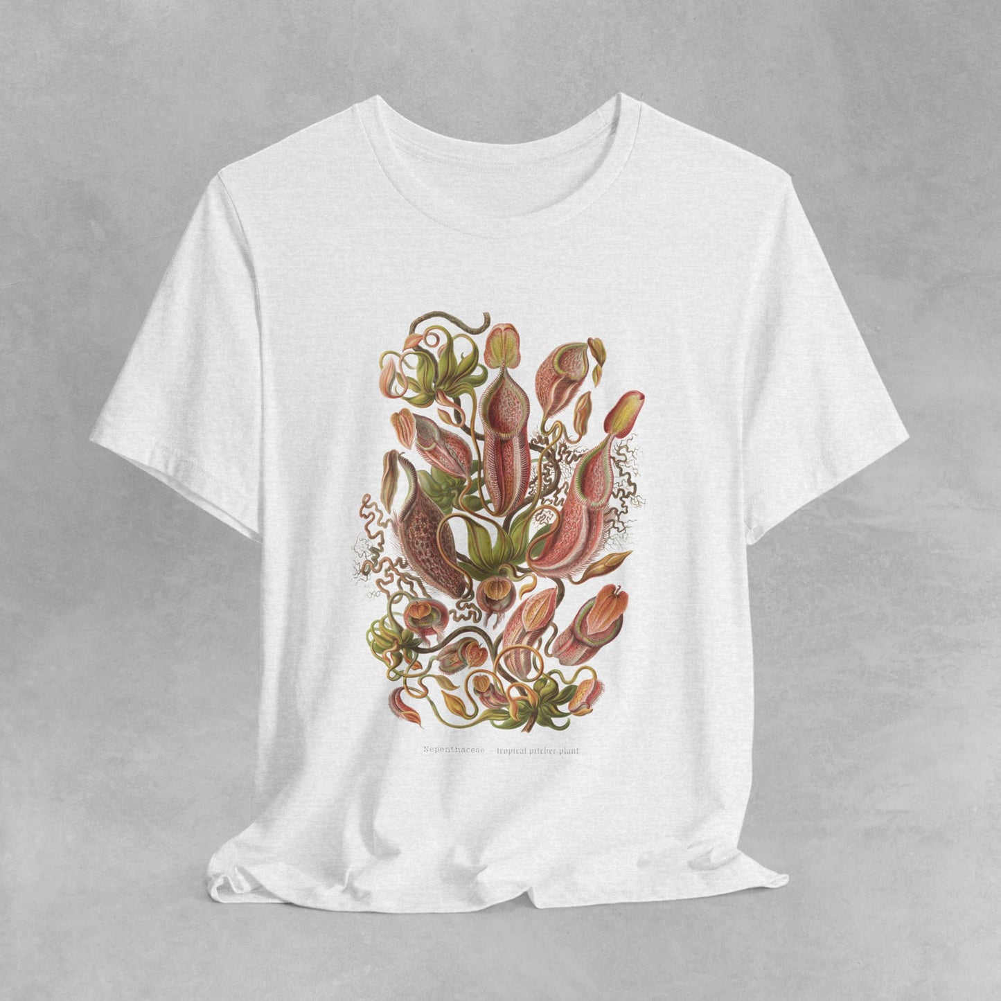 Vintage Nepenthes T-Shirt featuring a detailed botanical illustration of carnivorous plants, perfect for plant enthusiasts and lovers of unique, eco-friendly fashion