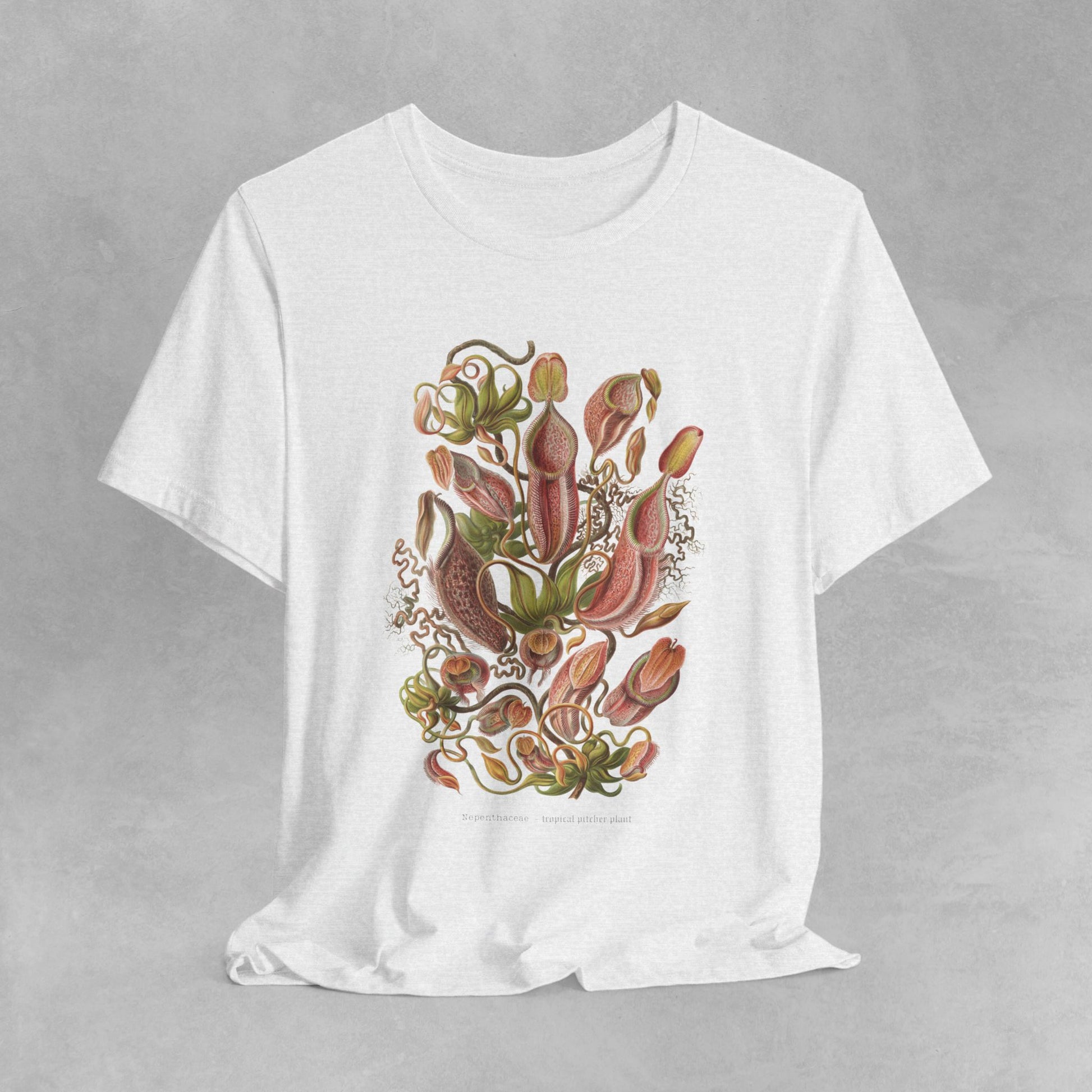 Vintage Nepenthes T-Shirt featuring a detailed botanical illustration of carnivorous plants, perfect for plant enthusiasts and lovers of unique, eco-friendly fashion