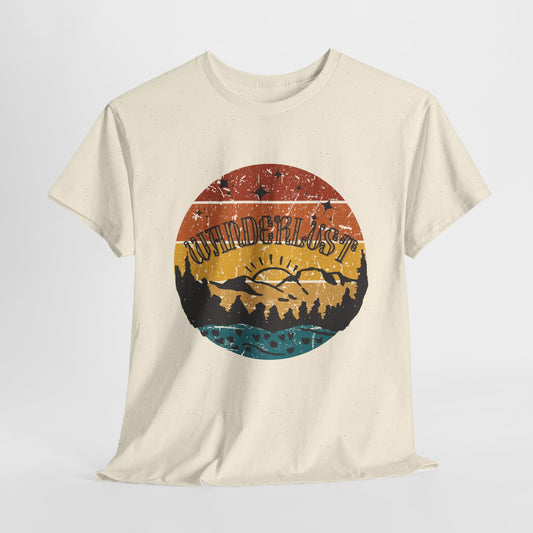 Wanderlust vintage style cotton t-shirt with retro travel design, perfect for travel lovers and adventure seekers. Soft, breathable fabric with a faded print, offering comfort and timeless fashion with hippie vibes. Ideal for casual wear and exploring new destinations.