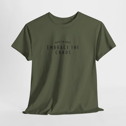 Embrace the Chaos cotton t-shirt featuring a minimalist graphic design, crafted from 100% medium-weight cotton for ultimate comfort and durability. This unisex classic fit humor t-shirt adds a humorous touch to any outfit, making it a great choice for casual wear. Perfect for those who appreciate funny shirts and embrace their weird side, this eco-friendly tee is ethically produced for quality and sustainability.