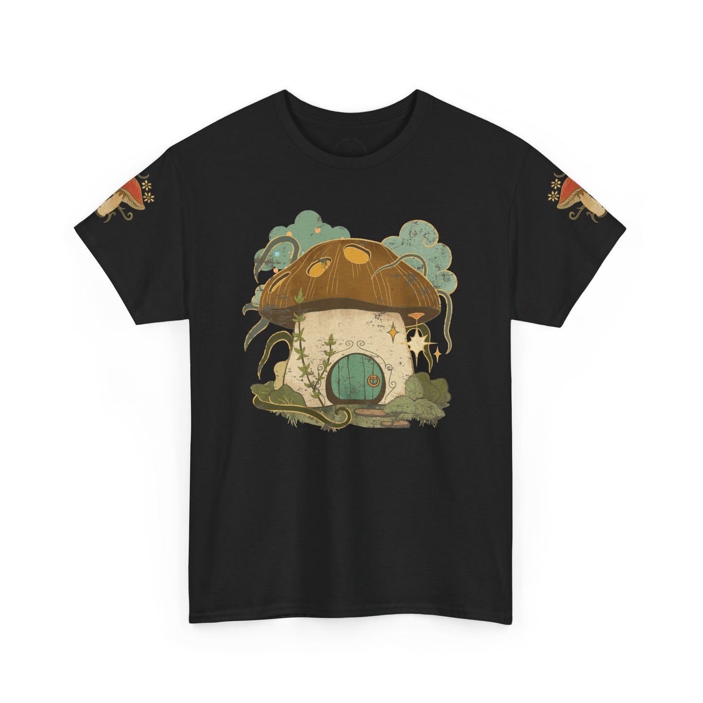 Cottagecore-inspired t-shirt featuring a cute mushroom house on the front and whimsical mushrooms on the sleeves, crafted from 100% cotton for comfort and durability