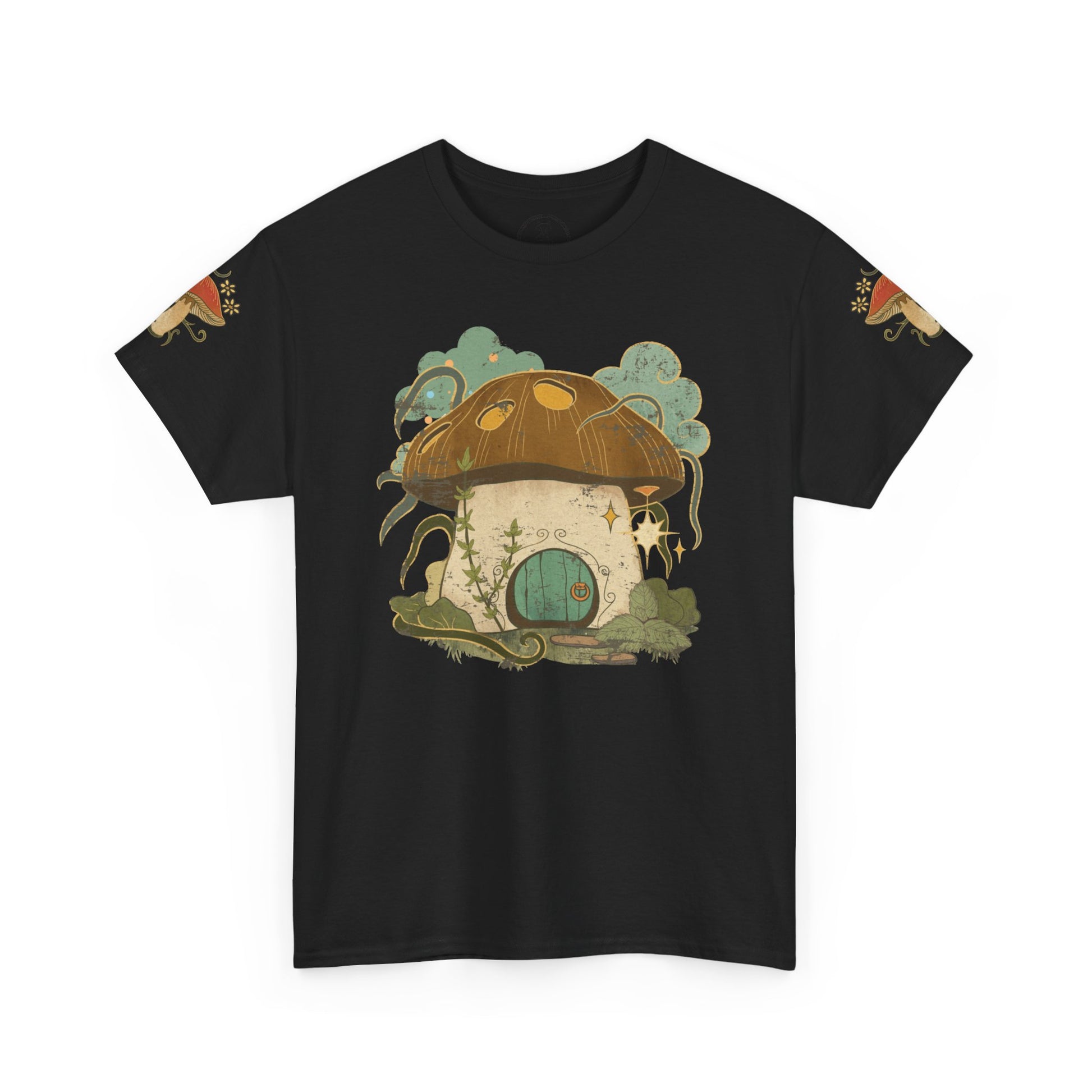 Cottagecore-inspired t-shirt featuring a cute mushroom house on the front and whimsical mushrooms on the sleeves, crafted from 100% cotton for comfort and durability