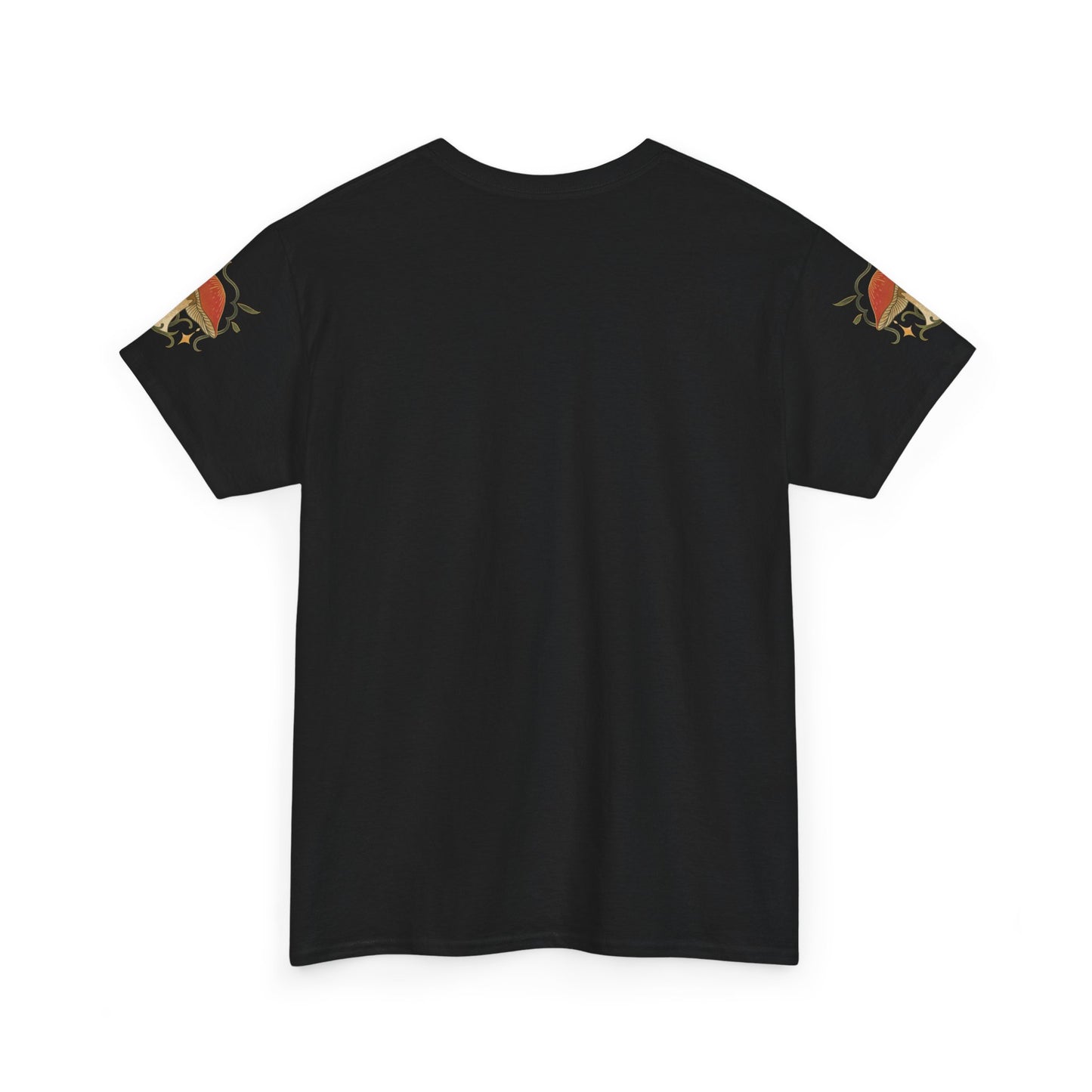 Cottagecore-inspired t-shirt featuring a cute mushroom house on the front and whimsical mushrooms on the sleeves, crafted from 100% cotton for comfort and durability