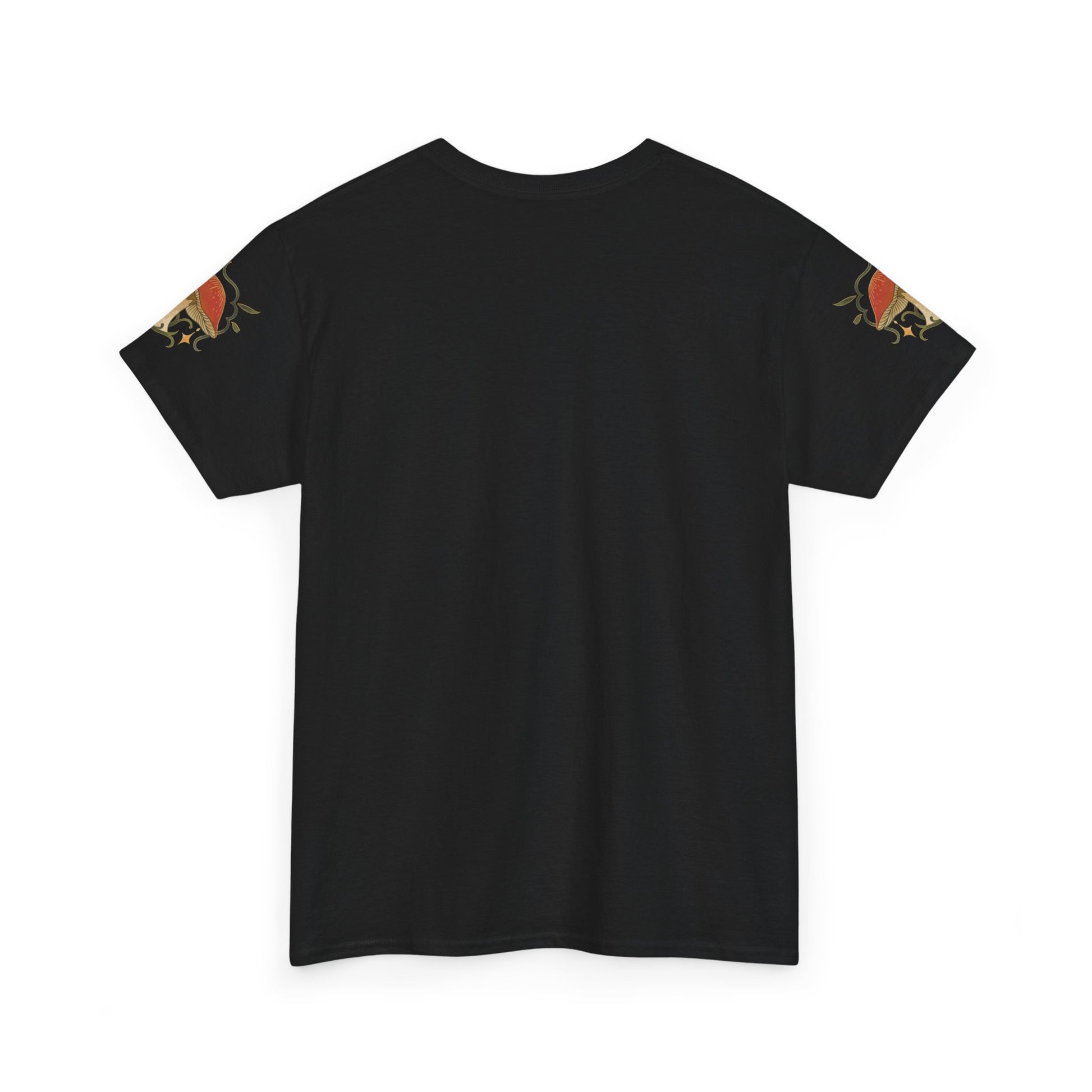 Cottagecore-inspired t-shirt featuring a cute mushroom house on the front and whimsical mushrooms on the sleeves, crafted from 100% cotton for comfort and durability