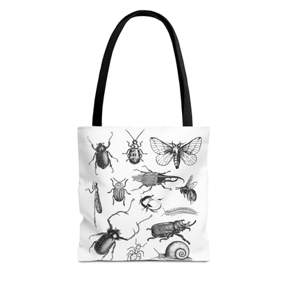 Vintage-style tote bag featuring entomology insect illustrations, perfect for nature lovers and bug enthusiasts. Ideal gift for men and women who love beetles and bugs