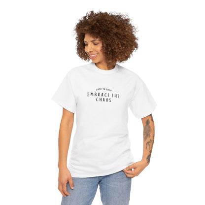 Embrace the Chaos cotton t-shirt featuring a minimalist graphic design, crafted from 100% medium-weight cotton for ultimate comfort and durability. This unisex classic fit humor t-shirt adds a humorous touch to any outfit, making it a great choice for casual wear. Perfect for those who appreciate funny shirts and embrace their weird side, this eco-friendly tee is ethically produced for quality and sustainability.