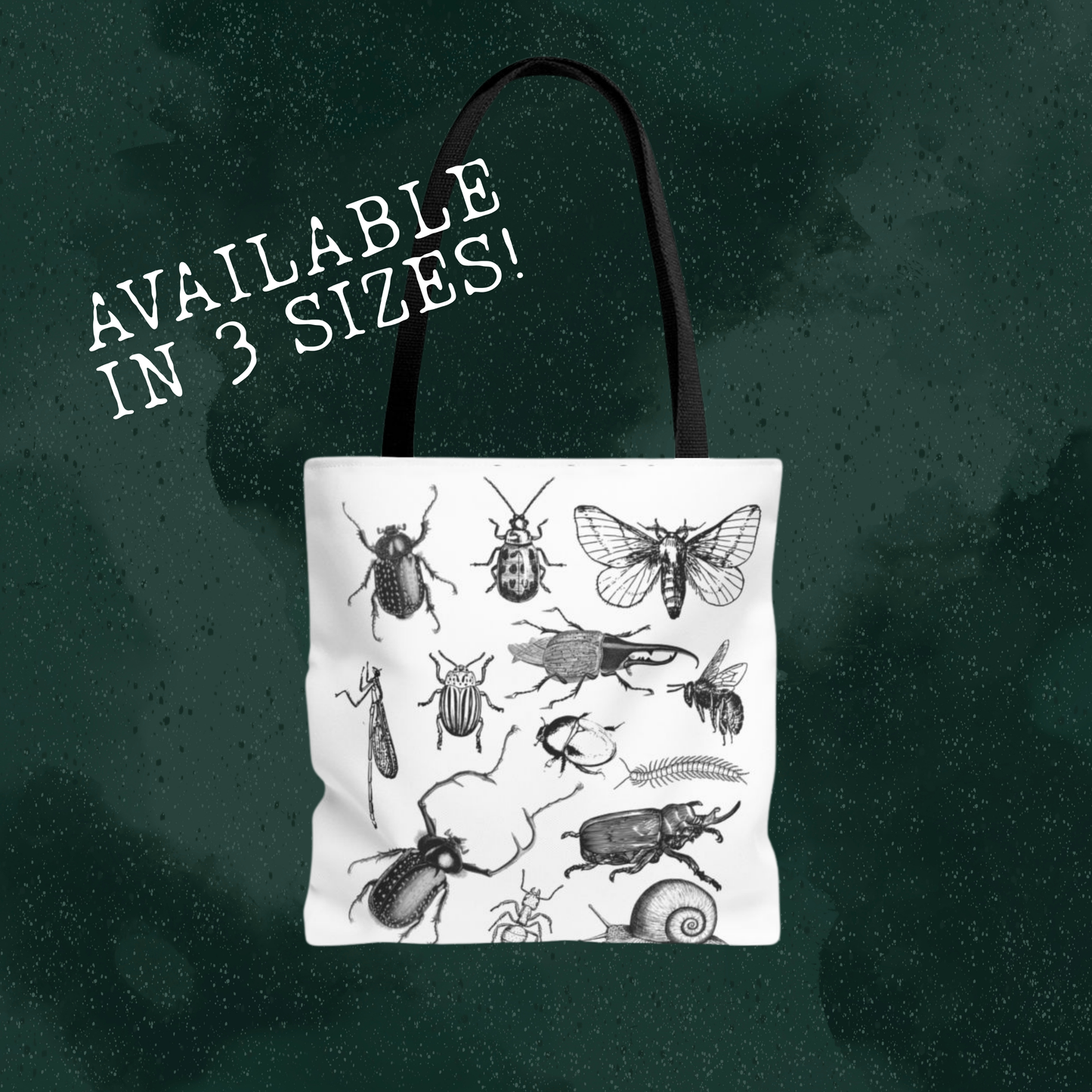 Nature-inspired tote bag featuring vintage illustrations of beetles and insects, perfect for Cottagecore and Goblincore fashion styles.