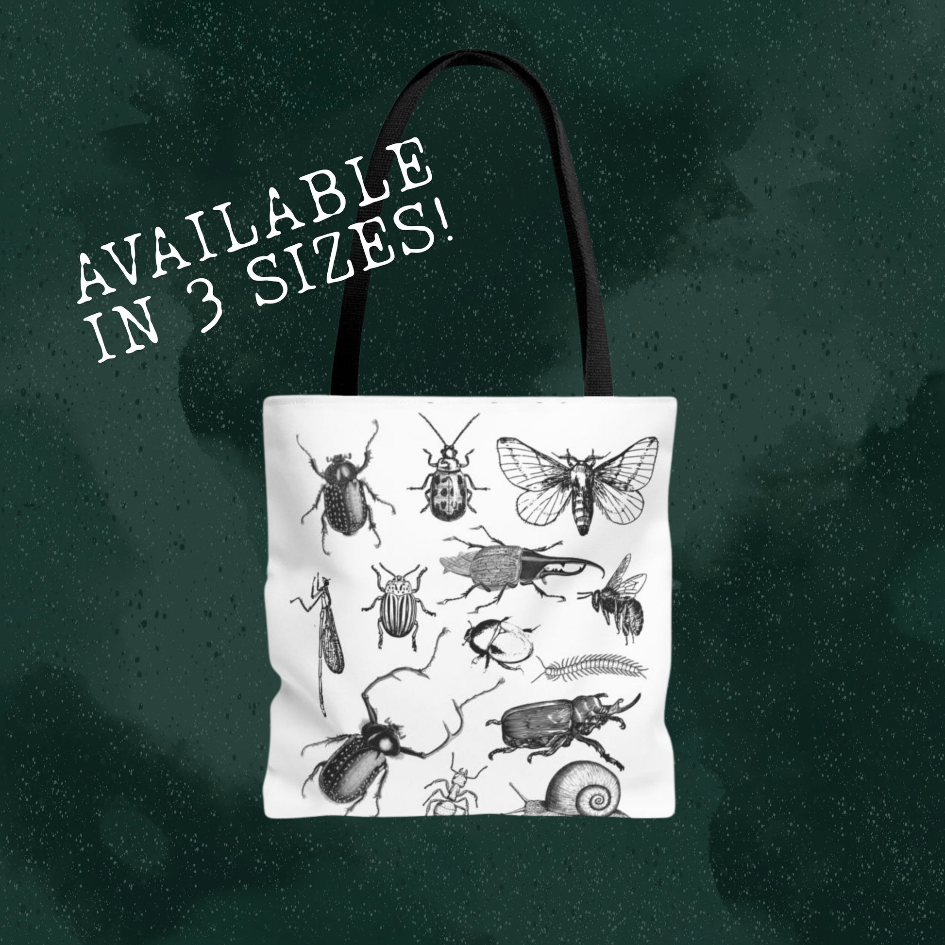 Nature-inspired tote bag featuring vintage illustrations of beetles and insects, perfect for Cottagecore and Goblincore fashion styles.