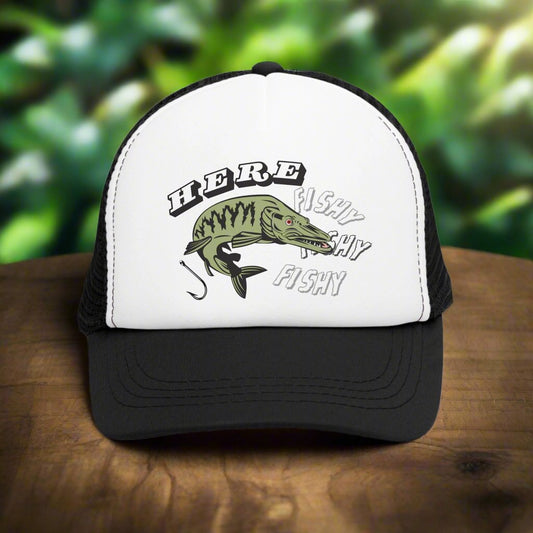 Vintage-style trucker cap with a humorous fishing theme, featuring a funny fish design on the front. The hat has a trendy mesh back and adjustable snapback closure, suitable for both men and women. Perfect as a silly gag gift for adults who enjoy fishing and retro-inspired fashion accessories.