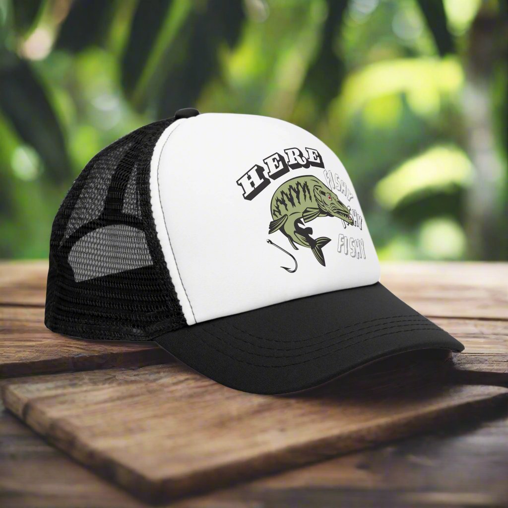 Vintage-style trucker cap with a humorous fishing theme, featuring a funny fish design on the front. The hat has a trendy mesh back and adjustable snapback closure, suitable for both men and women. Perfect as a silly gag gift for adults who enjoy fishing and retro-inspired fashion accessories.