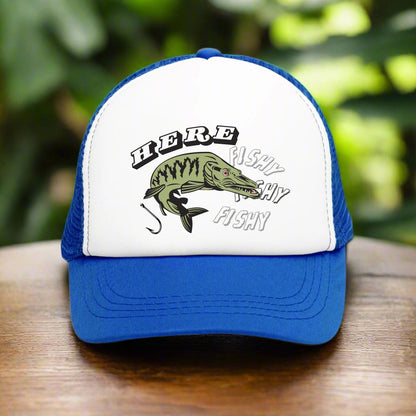 Vintage-style trucker cap with a humorous fishing theme, featuring a funny fish design on the front. The hat has a trendy mesh back and adjustable snapback closure, suitable for both men and women. Perfect as a silly gag gift for adults who enjoy fishing and retro-inspired fashion accessories.