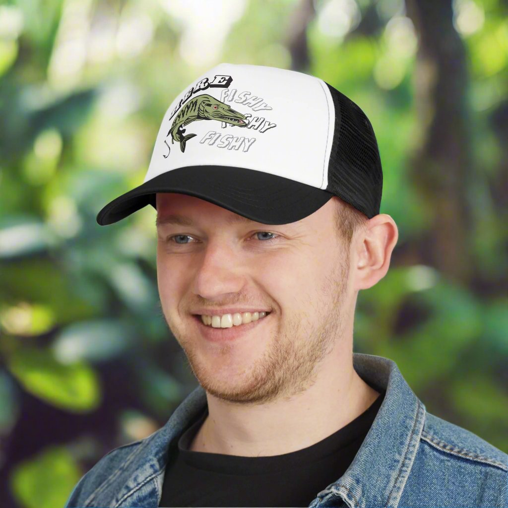 Vintage-style trucker cap with a humorous fishing theme, featuring a funny fish design on the front. The hat has a trendy mesh back and adjustable snapback closure, suitable for both men and women. Perfect as a silly gag gift for adults who enjoy fishing and retro-inspired fashion accessories.
