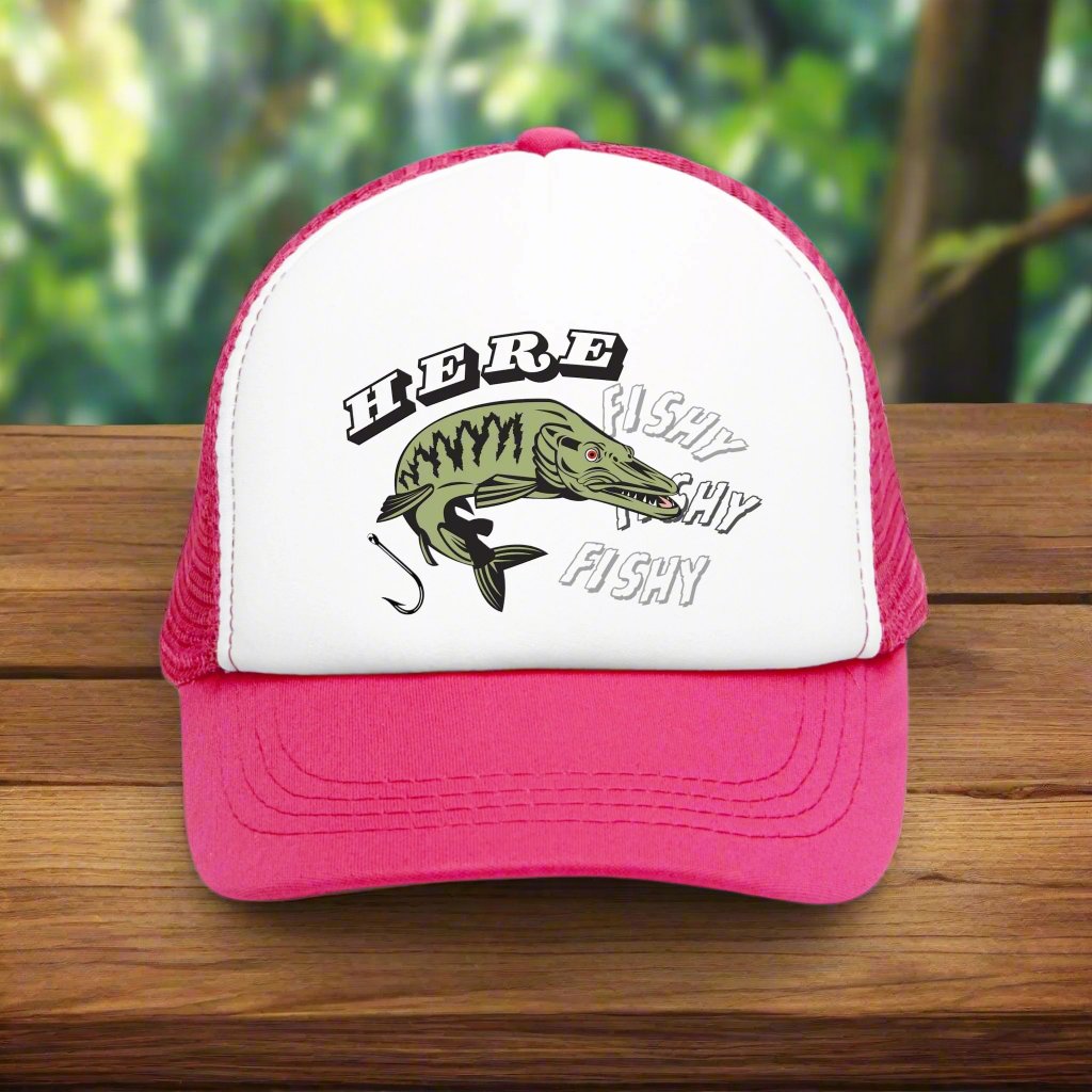 Vintage-style trucker cap with a humorous fishing theme, featuring a funny fish design on the front. The hat has a trendy mesh back and adjustable snapback closure, suitable for both men and women. Perfect as a silly gag gift for adults who enjoy fishing and retro-inspired fashion accessories.