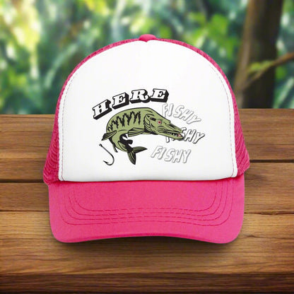 Vintage-style trucker cap with a humorous fishing theme, featuring a funny fish design on the front. The hat has a trendy mesh back and adjustable snapback closure, suitable for both men and women. Perfect as a silly gag gift for adults who enjoy fishing and retro-inspired fashion accessories.
