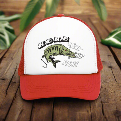Vintage-style trucker cap with a humorous fishing theme, featuring a funny fish design on the front. The hat has a trendy mesh back and adjustable snapback closure, suitable for both men and women. Perfect as a silly gag gift for adults who enjoy fishing and retro-inspired fashion accessories.